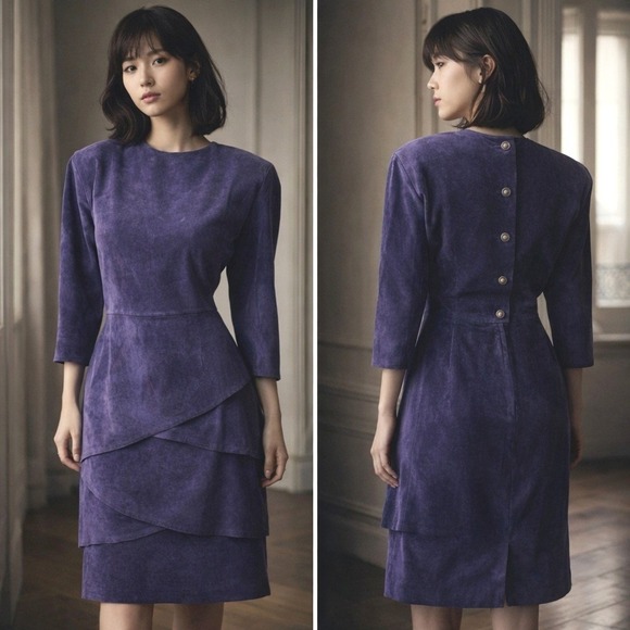 Valerie Stevens Dresses & Skirts - Vtg 90s Valerie Stevens Purple Suede Dress Tiered Skirt Button Back‎ Midi 4 XS